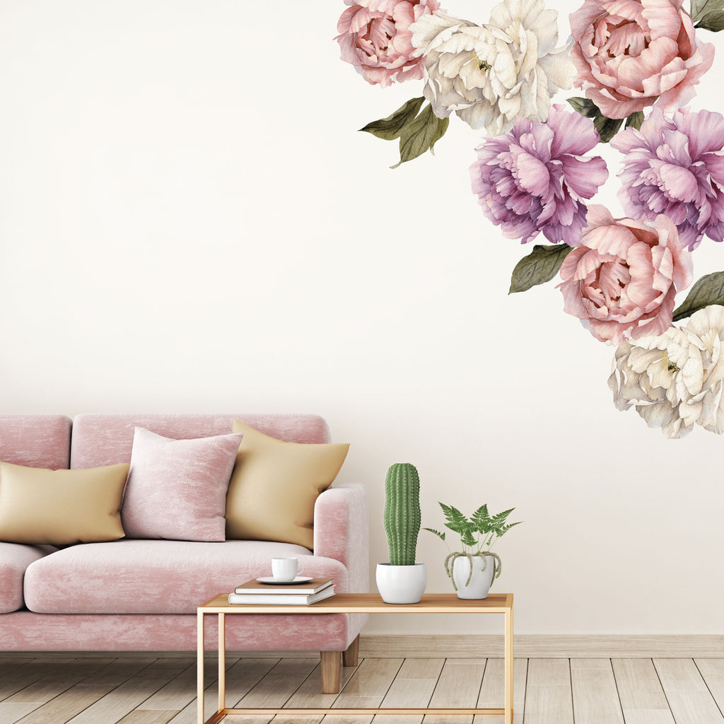 Watercolor Flowers peony pink and white removable wall decal 
