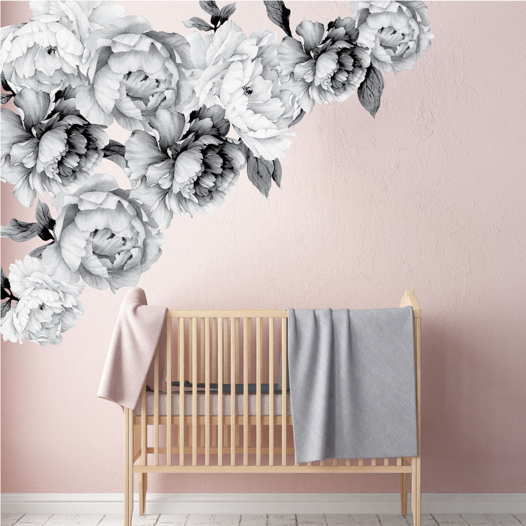 Watercolor Flowers peony black and white removable wall decal 