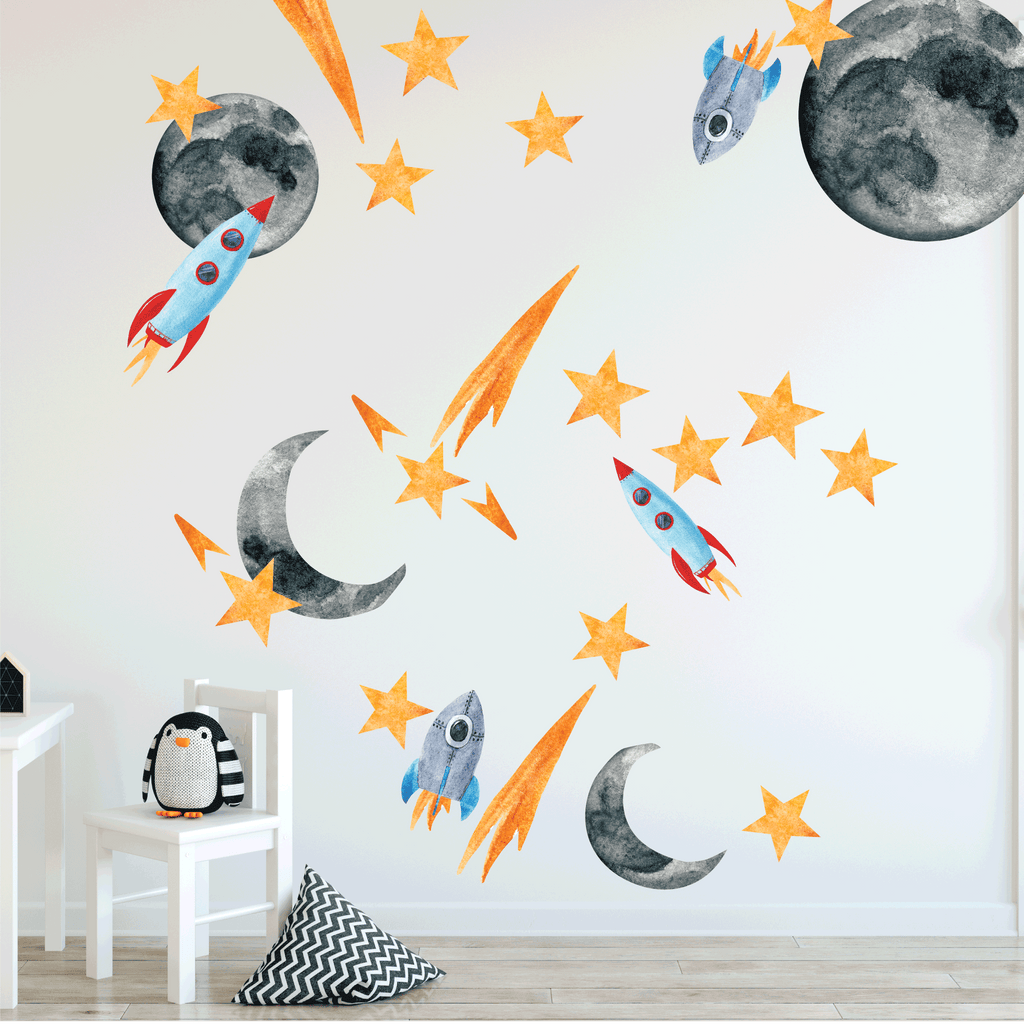 Watercolor Space Rockets Moon removable wall decal 