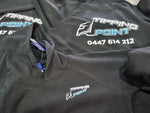 Load image into Gallery viewer, Black hoodies with &#39;Tipping Point&#39; logo and contact information on a flat surface.
