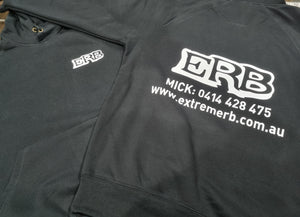 Black hoodie with white text and logo on a plain background