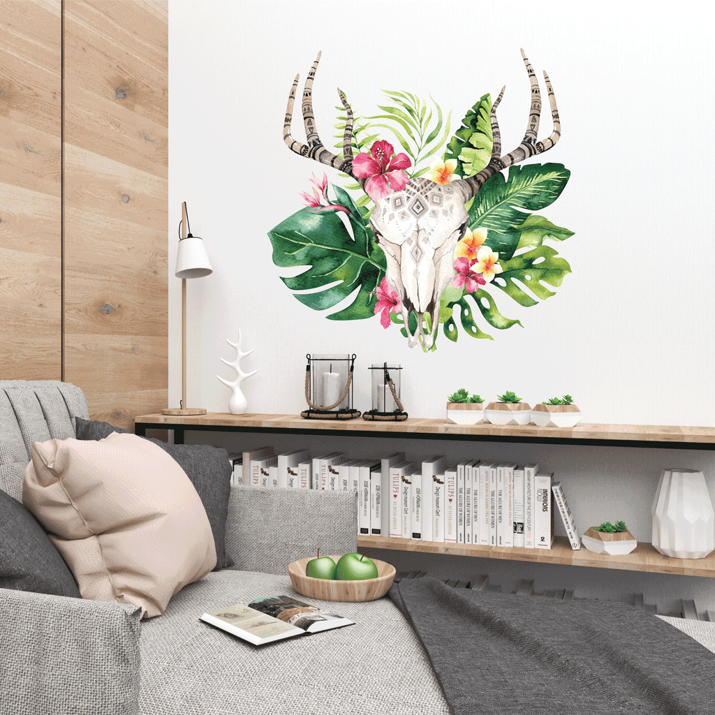 Boho deer head removable wall decal with palm leaves and flowers