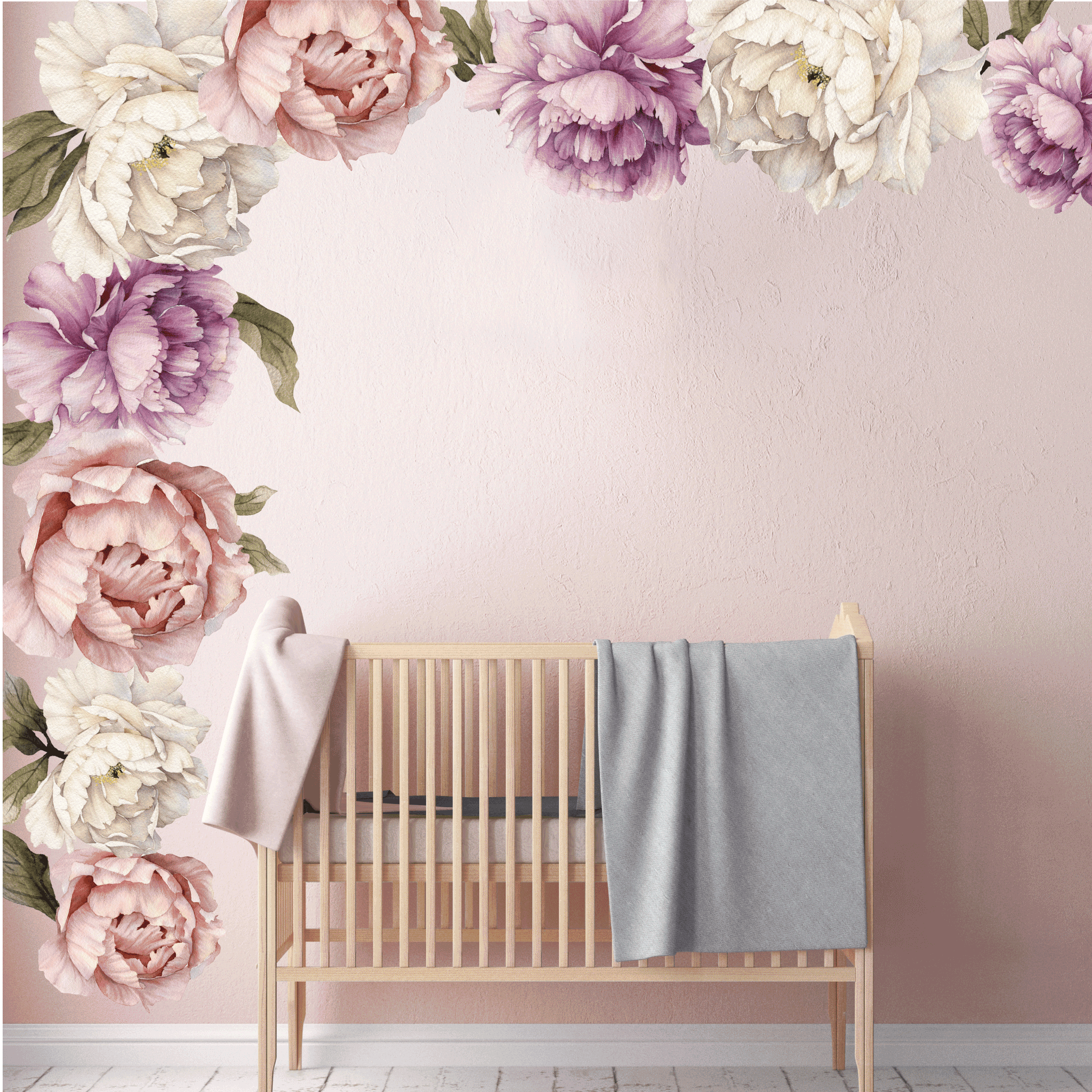 Watercolor Flowers peony pink and white removable wall decal 