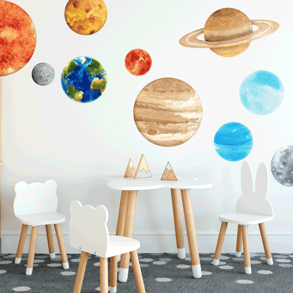 Watercolor planets solar system removable wall decal 